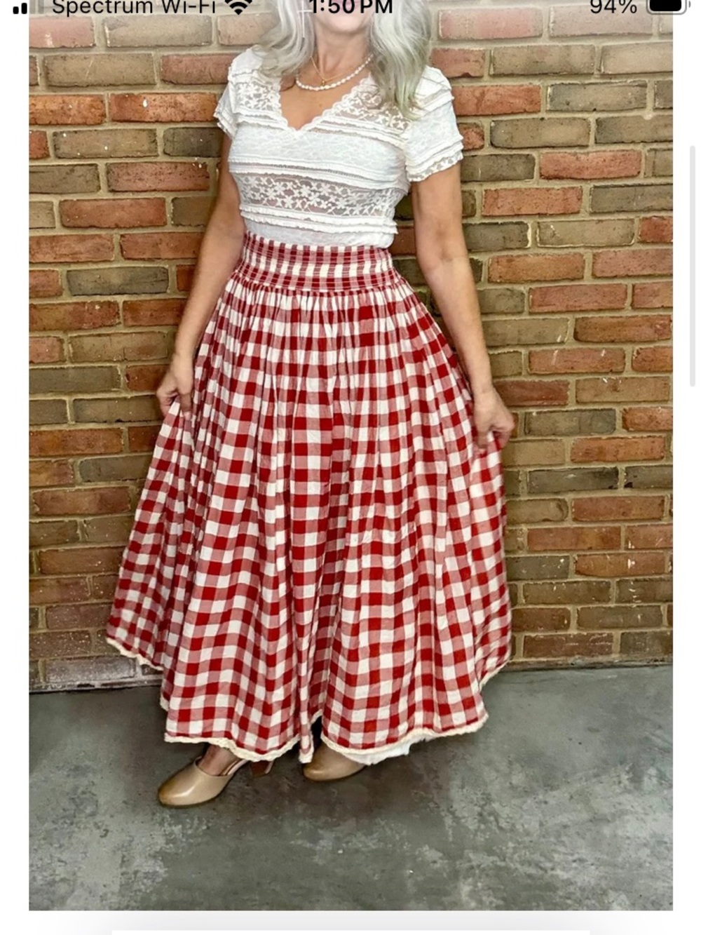 Paper Lace Red & White Gingham Plaid Maxi Skirt, Size Medium - Picture 2 of 7